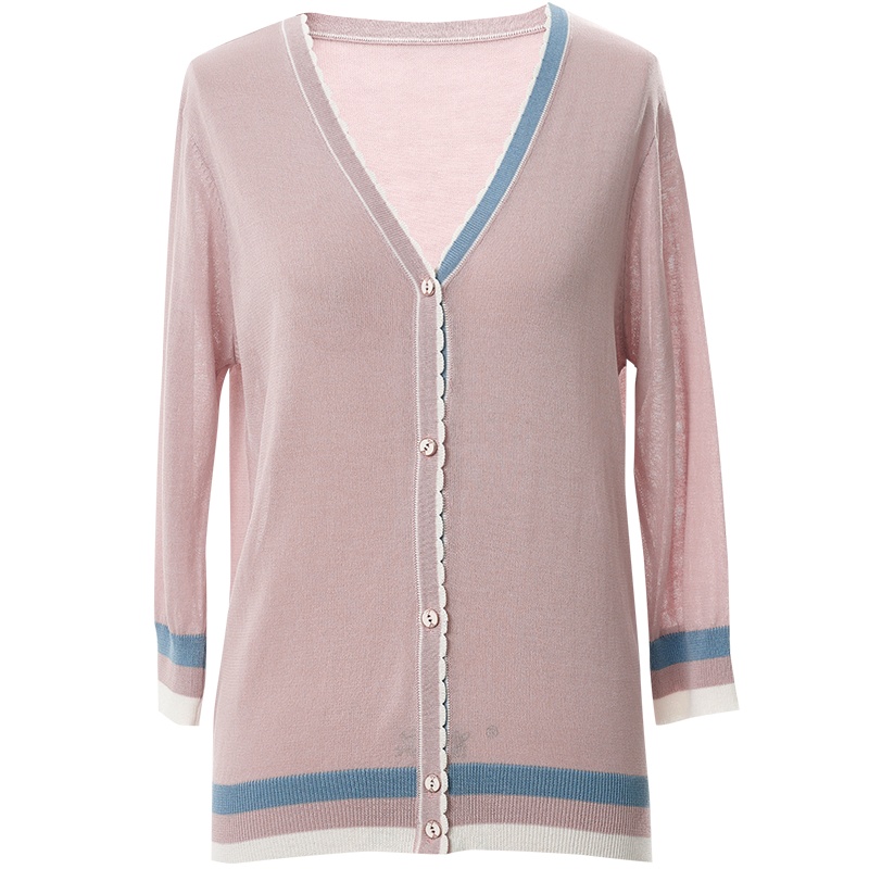 欧昵雪夏装V领九分袖防晒针织开衫女短款薄款空调衫上衣