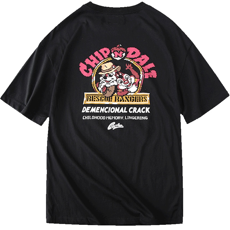 Guuka潮牌黑色红T恤女短袖港风情侣松鼠大战印花五分袖T恤宽松