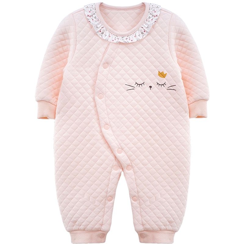 婴姿坊女童春秋新款连体衣长袖花边翻领两用档可爱小笑脸连体内衣