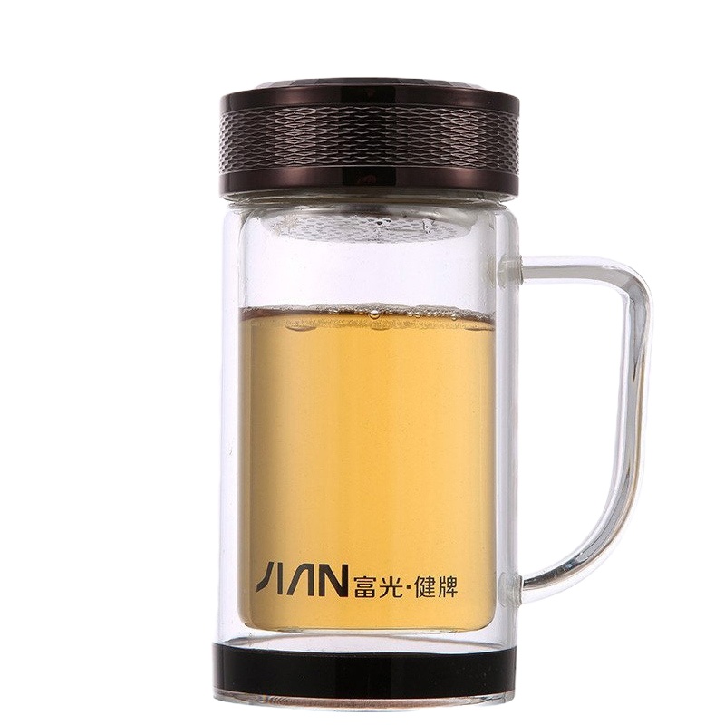 富光（FUGUANG）玻璃杯X006-320B键牌双层玻璃杯带手柄 透明带盖耐热防烫时尚办公水杯 透明 320ml