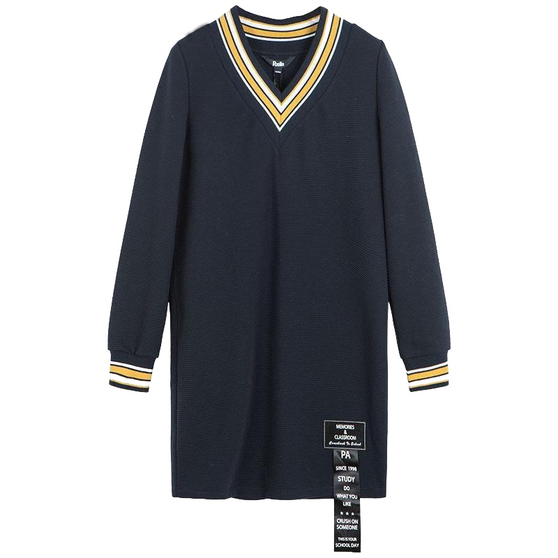 拉夏贝尔Puella秋季女装新款韩版显瘦V领撞色a字连衣裙女20010710