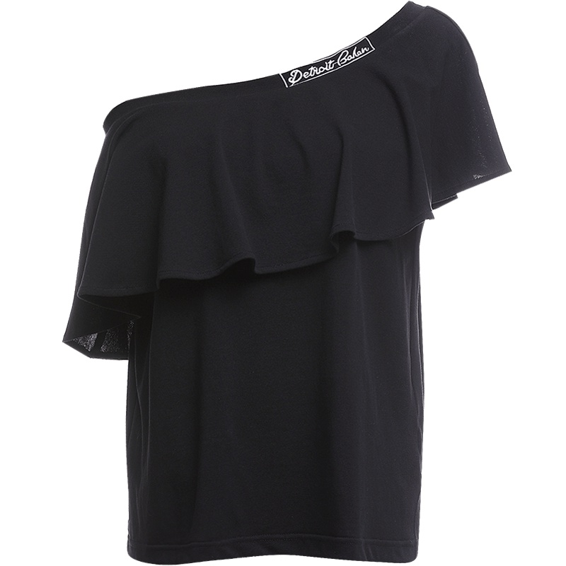 欧昵雪 夏季时尚字母绣花荷叶边拼接修身显瘦性感露肩斜领上衣女短袖T恤X