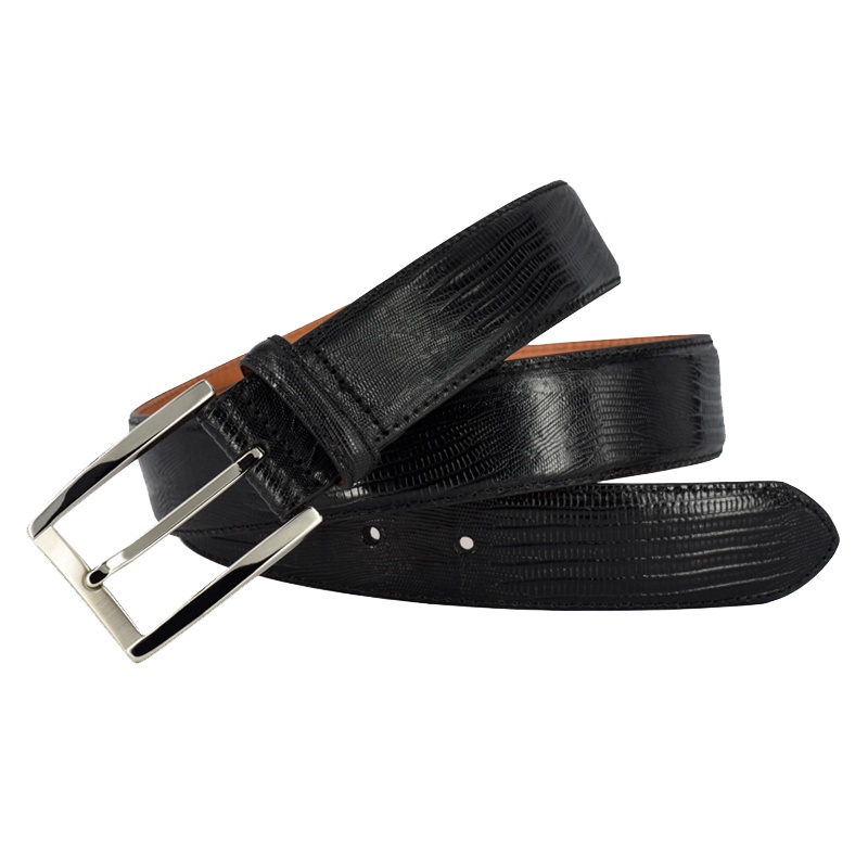 MASCOMMA 头层牛皮银色针扣男士蜥蜴纹皮带腰带 黑色8D10384/BLK