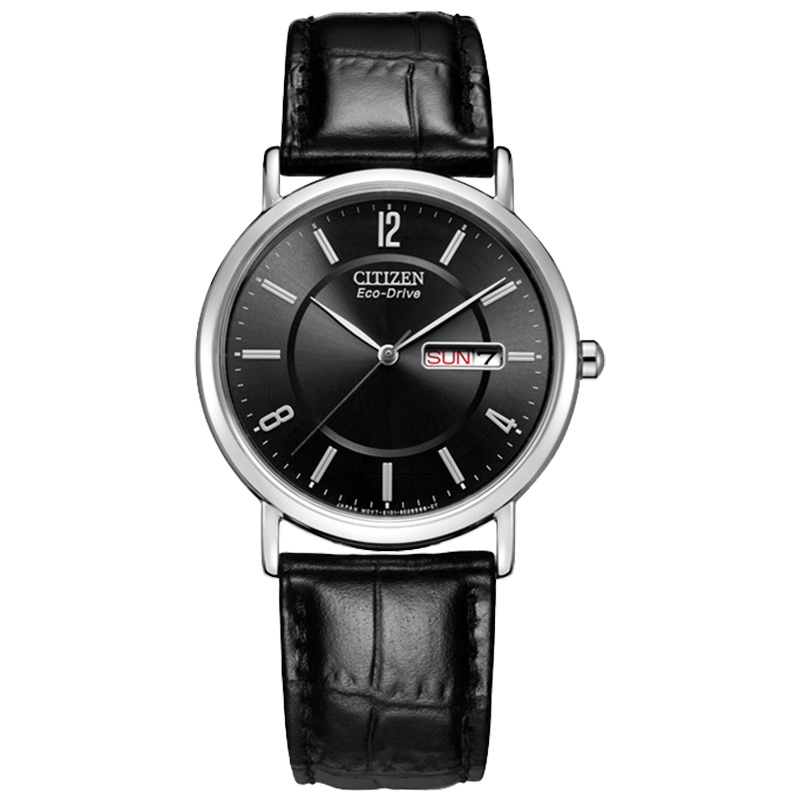 西铁城(CITIZEN)手表男日本 光动能简约黑皮表带商务休闲男表
