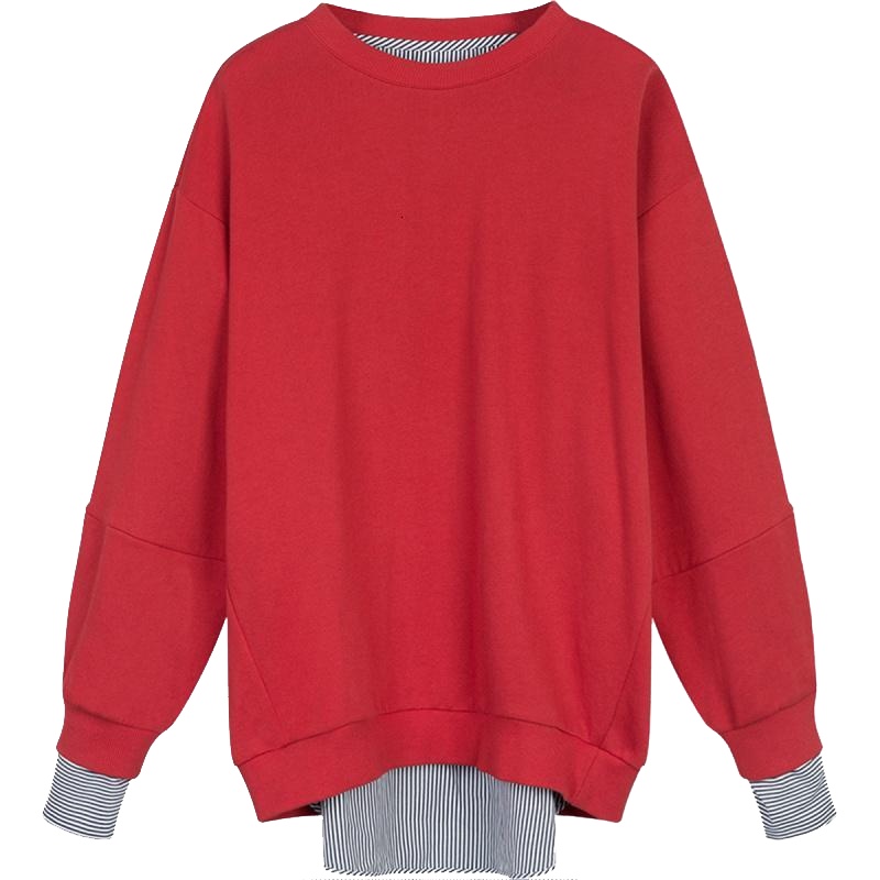 拉夏贝尔韩版潮拼接宽松中长款原宿假两件圆领套头潮卫衣60300262