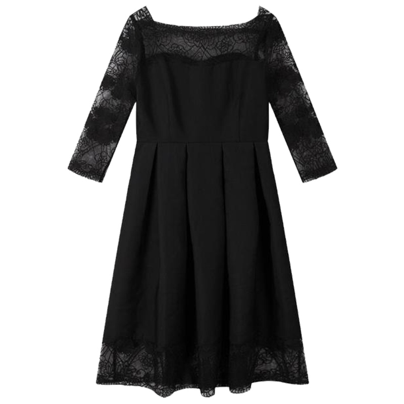 拉夏贝尔7M黑色小礼服性感秋装新款气质镂空百褶A字蕾丝连衣裙70008729
