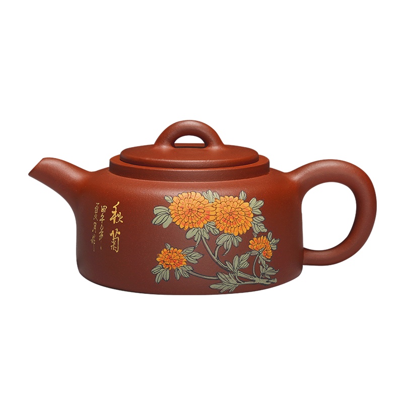 [国工瞿军强]金镶玉紫砂壶手绘秋菊 全手工收藏级宜兴紫砂茶壶 茶具 曼生井栏壶250ml