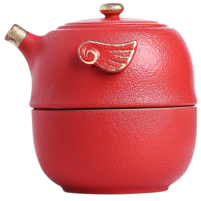 博为黑陶旅行茶具套装户外便携式包快客杯一壶二杯日式车载功夫茶泡茶器 展翅高飞红