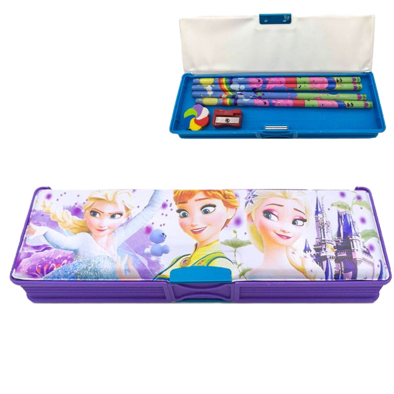 小学生多功能卡通塑料文具盒铅笔盒男女孩儿童幼儿园大容量笔盒 冰雪奇缘(双面开送3件套)