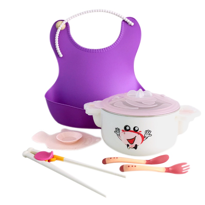 福来诗达不锈钢注水保温吸盘碗宝宝辅食碗儿童碗容量400ml适合0-9岁宝宝送学习筷子感温汤匙组防水围兜