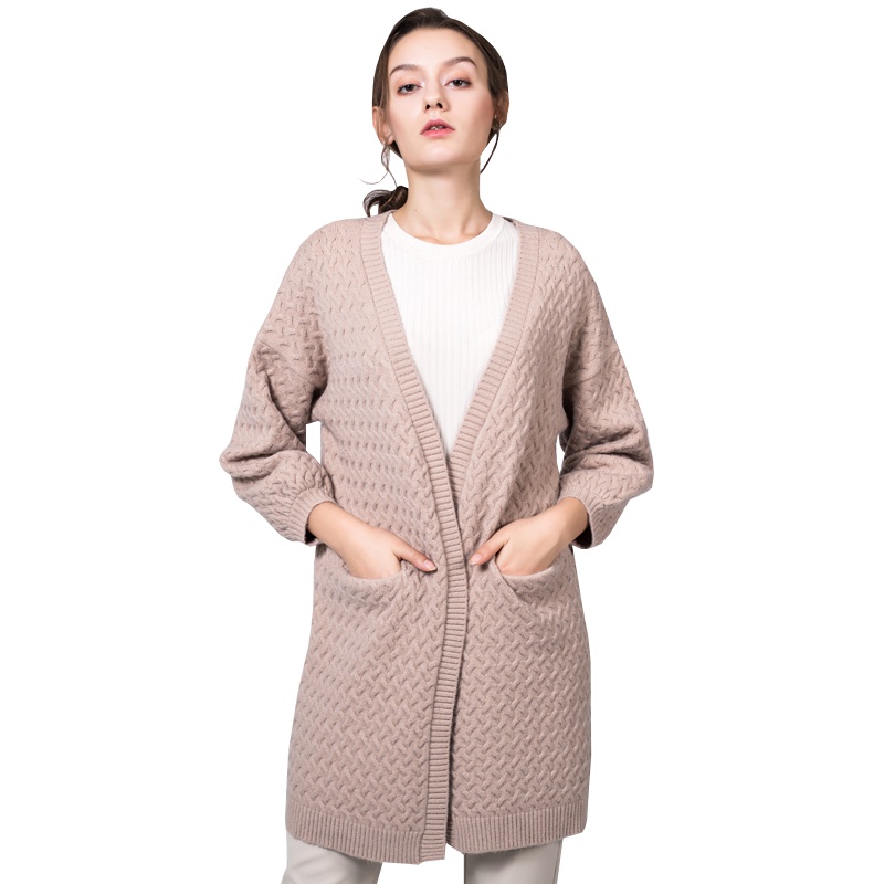 恒源祥女士针织衫宽松纯色款针织开衫秋冬款中长外搭口袋毛衣