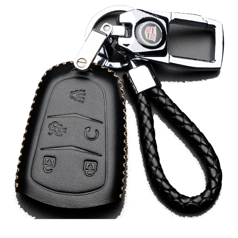 富屯 凯迪拉克钥匙包XT5凯迪拉克CT6 ATS-L XTS CTS汽车钥匙包套扣壳 一键启动钥匙黑色五键(包+扣+绳