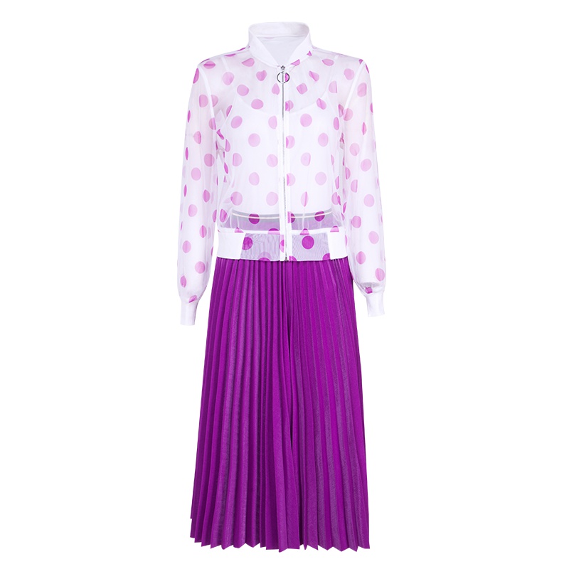 晚白女套装2019春季新款波点雪纺衫吊带高腰中长百褶半身裙三件套
