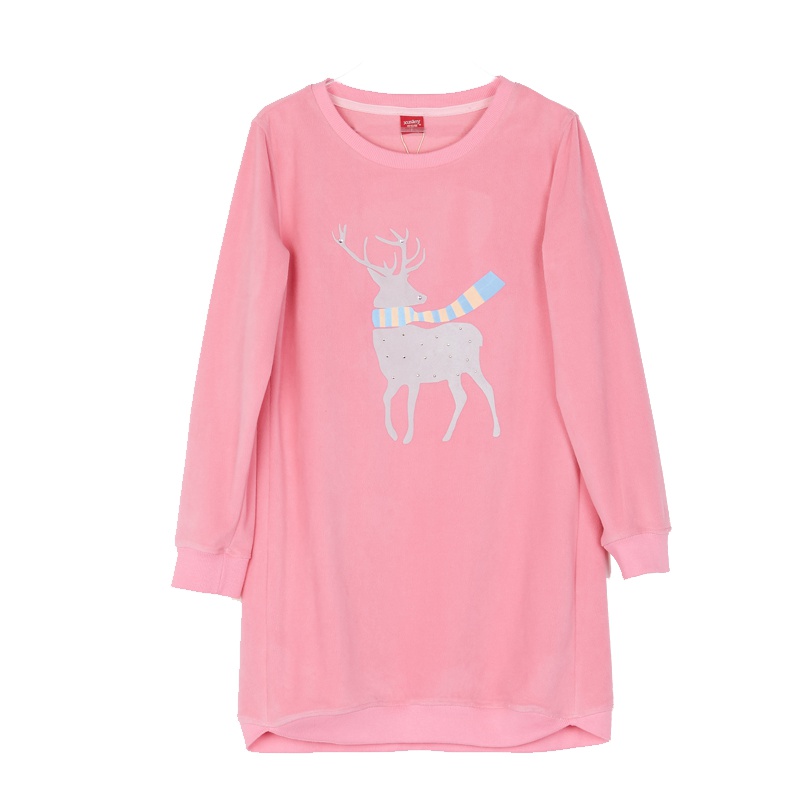 雪仙丽睡裙女秋季长袖摇粒绒可外穿卡通小鹿女款学生睡衣套装圆领