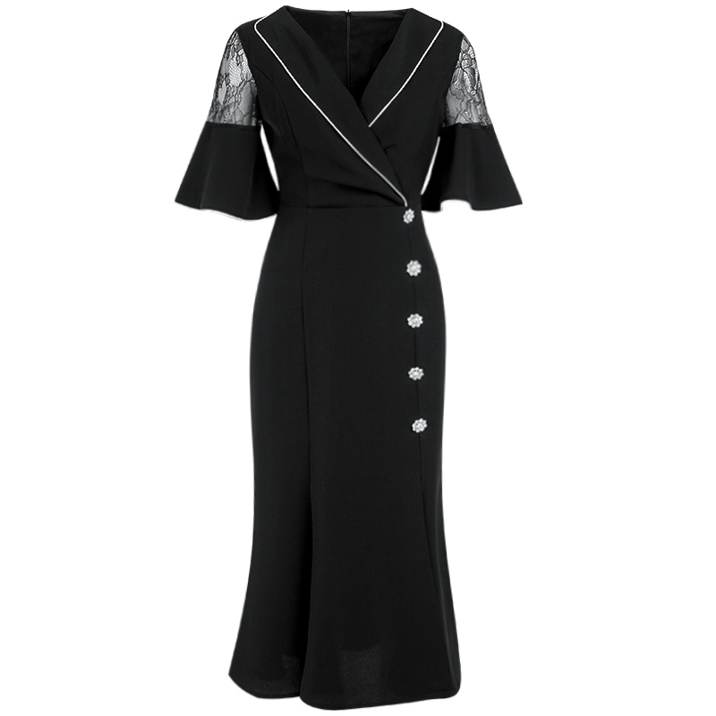 晚白 2020夏季新品蕾丝喇叭袖收腰显瘦中长款包臀裙鱼尾裙连衣裙女