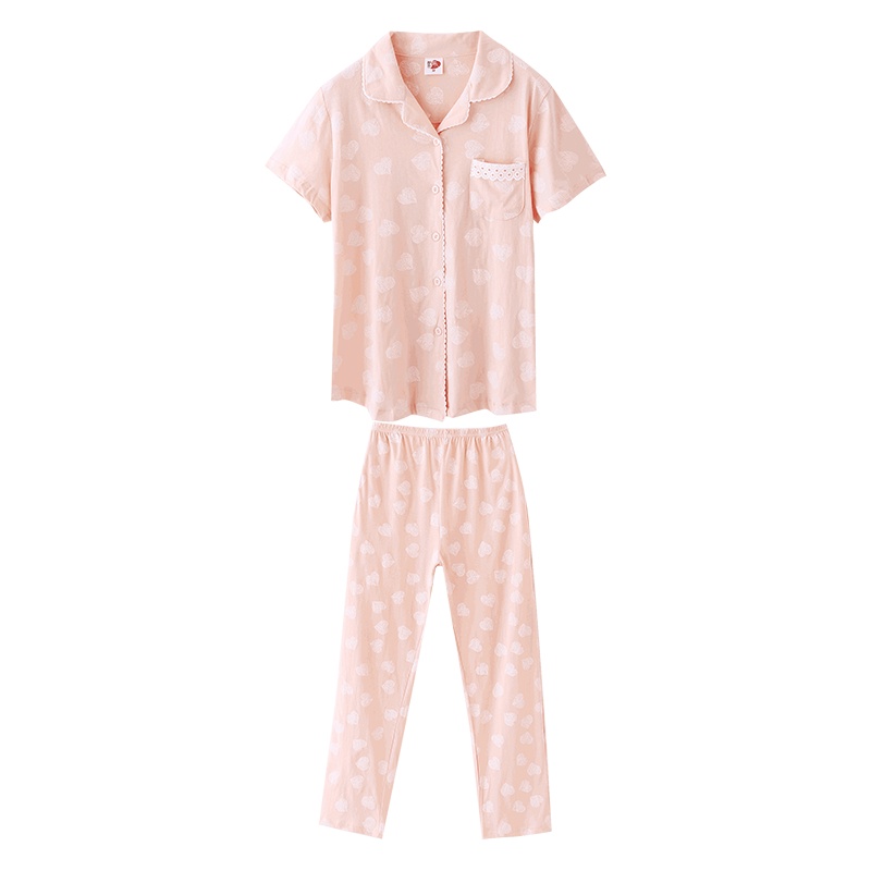 都市丽人简约居家休闲翻领前扣蕾丝袋口女士家居服套装LH7101