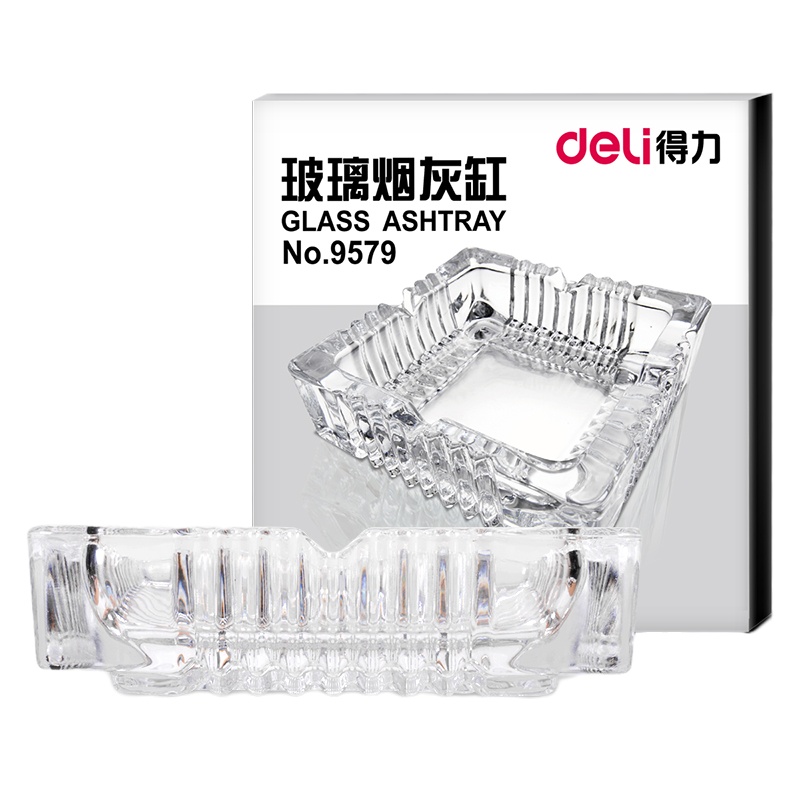 得力(deli)水晶烟灰缸客厅办公透明玻璃缸烟缸简洁大方 15*15cm 9579