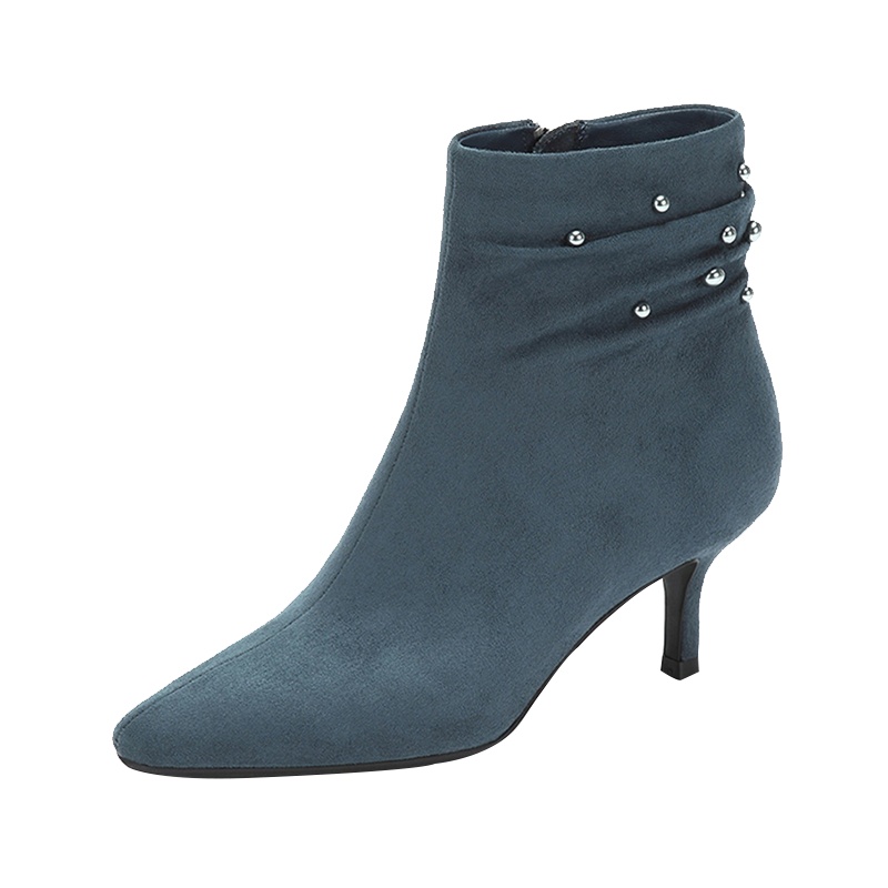 达芙妮冬新款纯色优雅小方头绒面珍珠晚会中跟时装靴