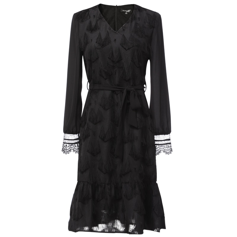 欧昵雪秋装V领花边袖口收腰a字裙流苏提花雪纺连衣裙女长袖