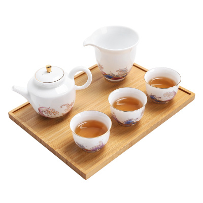 常生源 茶具套装 功夫茶具茶壶茶盘整套羊脂玉白瓷珐琅彩带竹木茶盘 茶忆潮海茶具套组