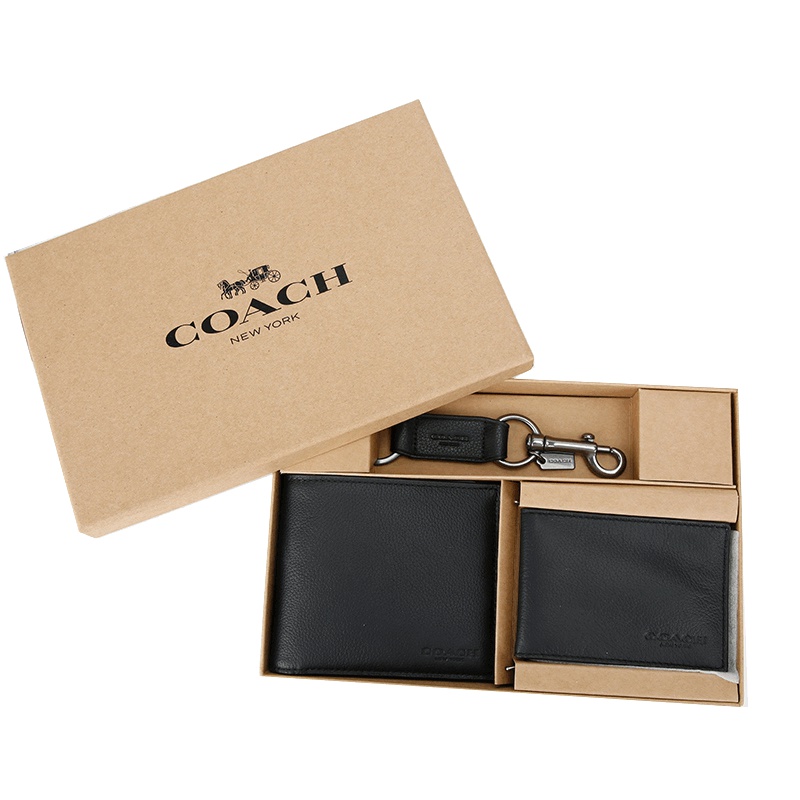 COACH 蔻驰 奢侈品 欧美时尚商务男士黑色皮革短款礼盒装钱包钱夹