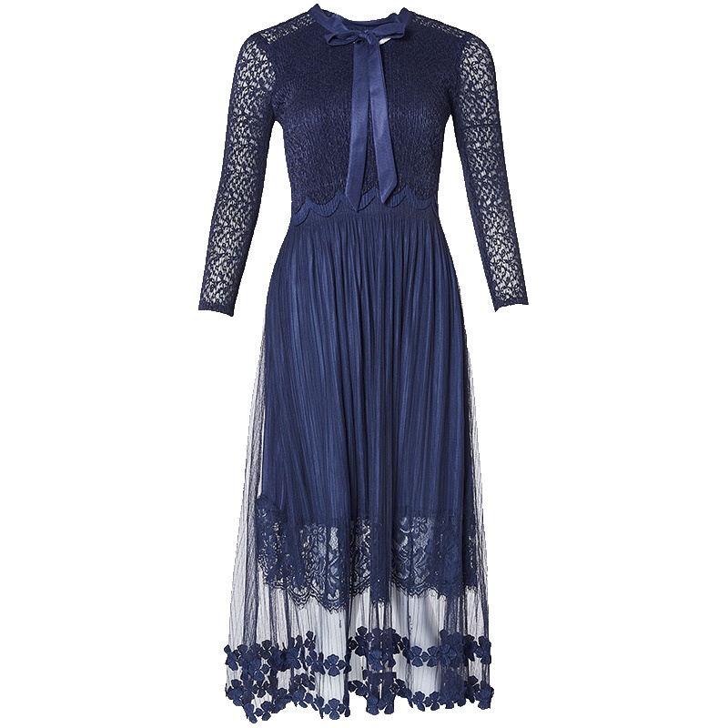 LIEDOW/蕾朵2019夏新款时尚蝴蝶结收腰网纱连衣裙七分袖蕾丝长裙