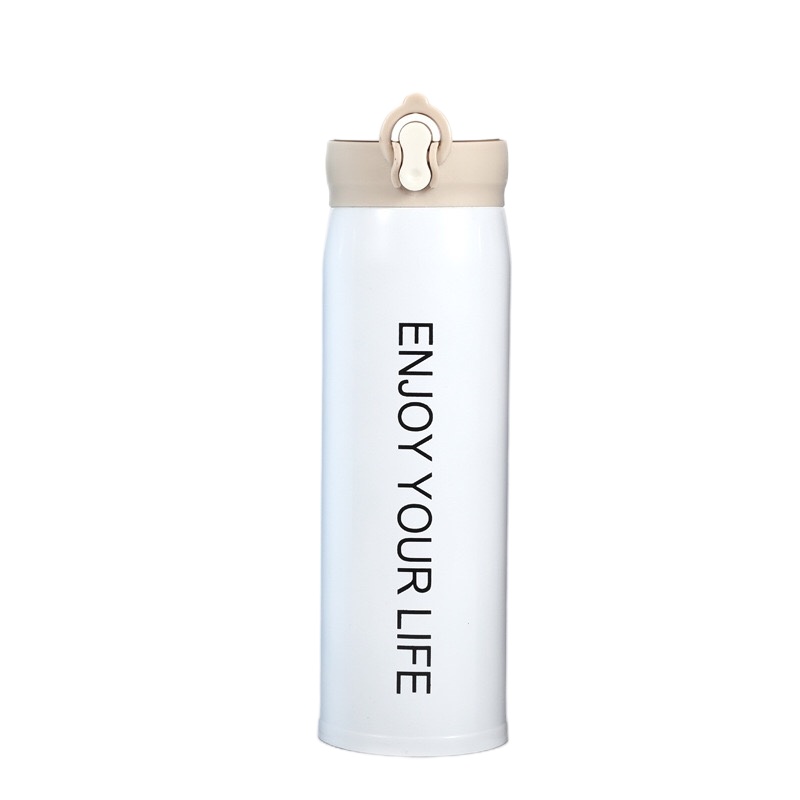 男女孩儿童纯色字母冬季小学生水杯便携式随行杯不锈钢简约户外运动直身杯弹跳盖不锈钢保温杯-白色字母保温杯子500ml