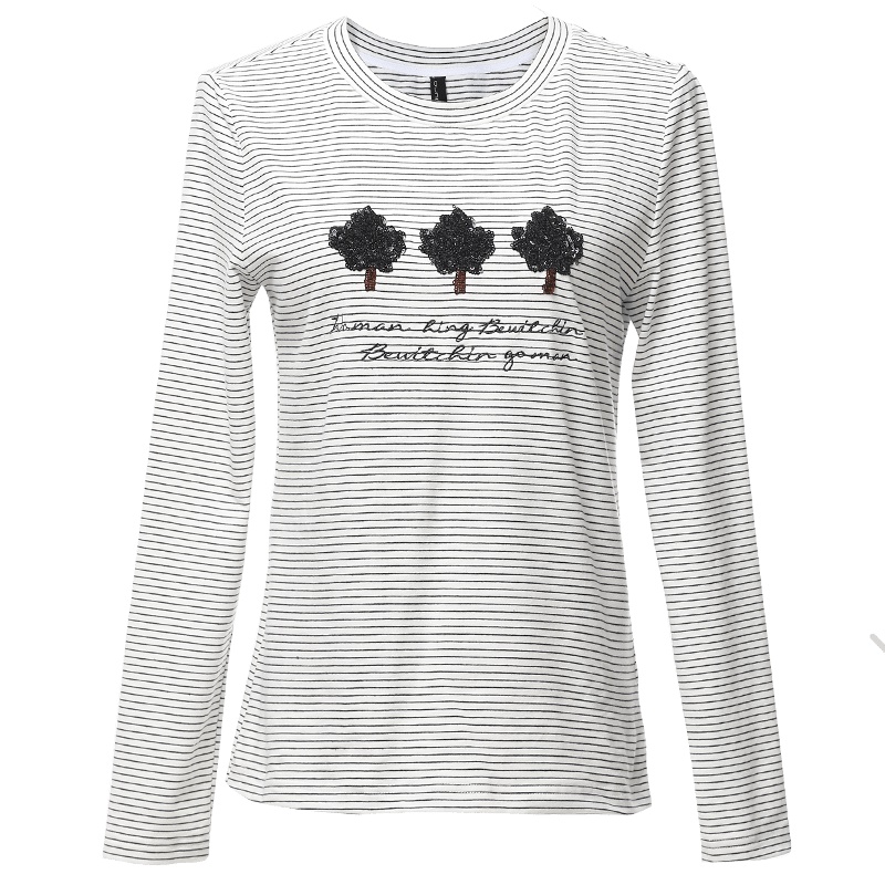 欧昵雪秋装圆领条纹字母珠片绣花长袖T恤女打底衫上衣