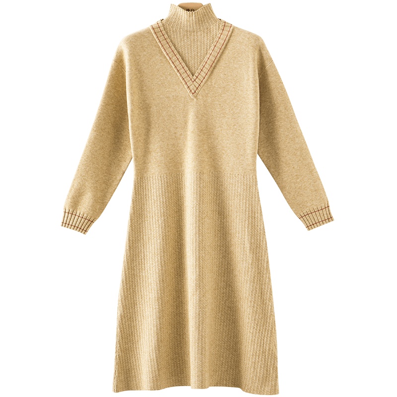 晚白2020冬季新品时尚简约立领长袖休闲百搭毛衣裙打底连衣裙女