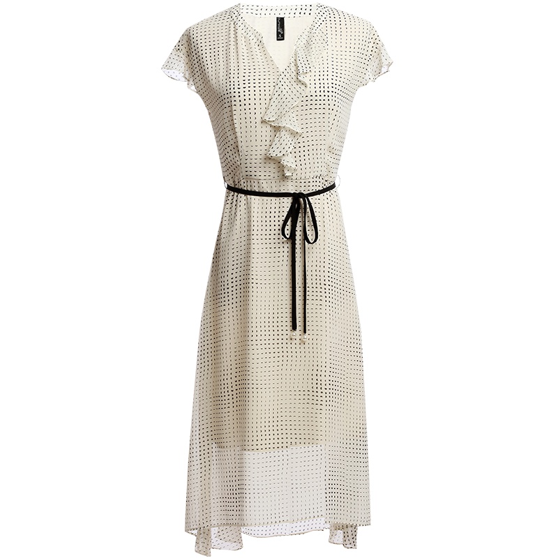 欧昵雪夏季半开领荷叶边飞飞袖系带高腰花色雪纺连衣裙女短袖