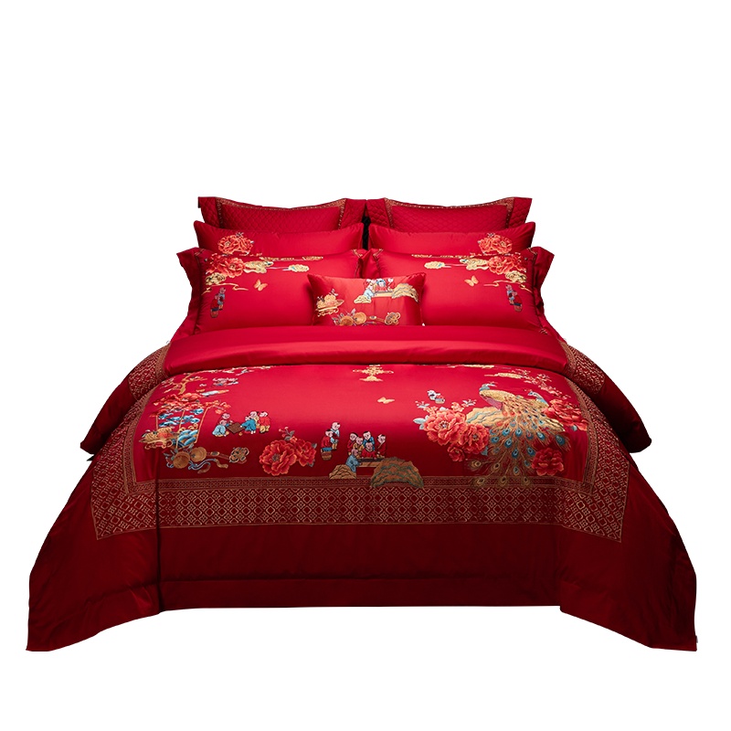 博洋家纺 婚庆四件套60支纯棉百子图大红婚庆床上用品结婚床上用品