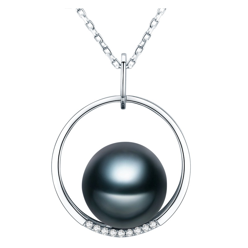 brir佰色传情8-9mm正圆大溪地黑珍珠吊坠正品女18k金钻石