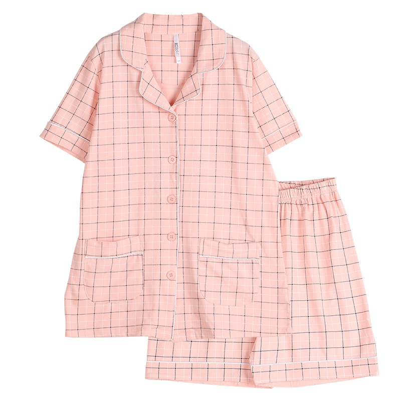 红豆居家Hodohome女士短袖纯棉睡衣休闲套装春夏全棉格子家居服女