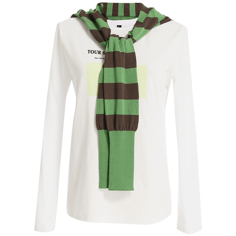 欧昵雪牛油果字母印花圆领T恤女上衣长袖条纹披肩两件套