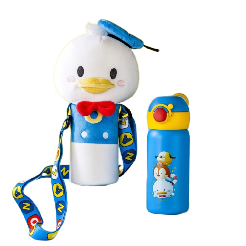 迪士尼婴儿童水杯子宝宝不锈钢保温杯带吸管杯公仔杯套幼儿园水壶水杯350ml带公仔杯套学生水壶-蓝色蓝色SS公仔保温杯