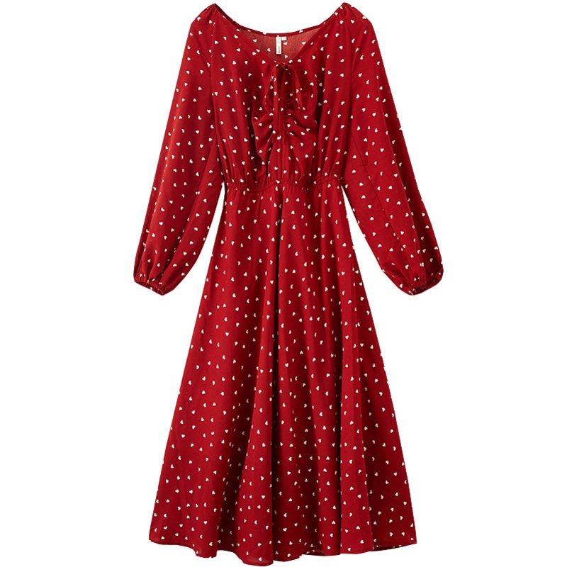 茵曼2019秋季新款文艺优雅碎花连衣裙雪纺宽松灯笼袖v领收腰过膝