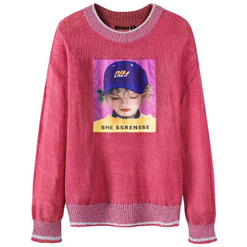 【领198-100券再购】森马毛衫女2019春秋新款学生小清新闪光丝撞色贴布绣韩版潮毛衣