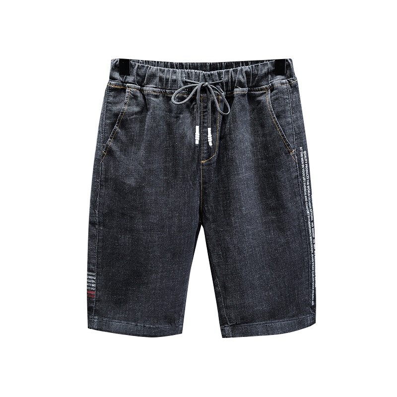 LEEVIRHINO夏季新款加大码宽松高弹力时尚百搭中青年男士牛仔裤男拉绳款松紧腰短裤男士哈伦裤潮款五分裤男士中裤男装