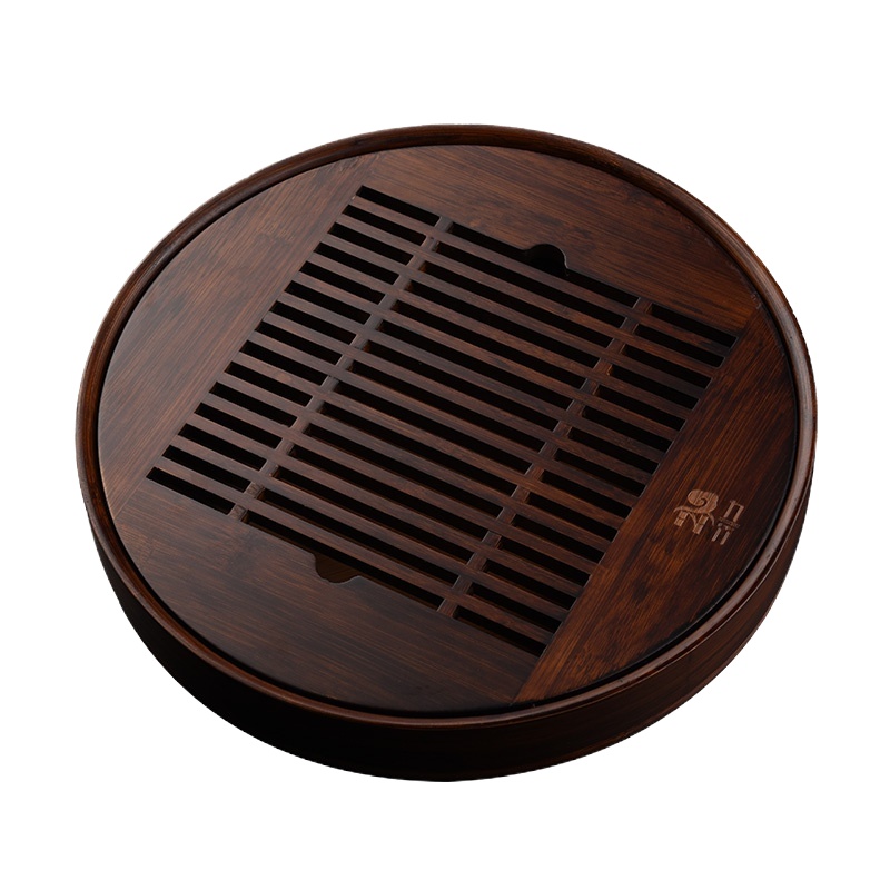 三维工匠竹制茶盘小号家用抽屉式圆形茶托盘功夫茶具干泡台储水式茶台小型 3月1号发货碳竹圆盘(中号)送锦绣茶巾(咖啡色)