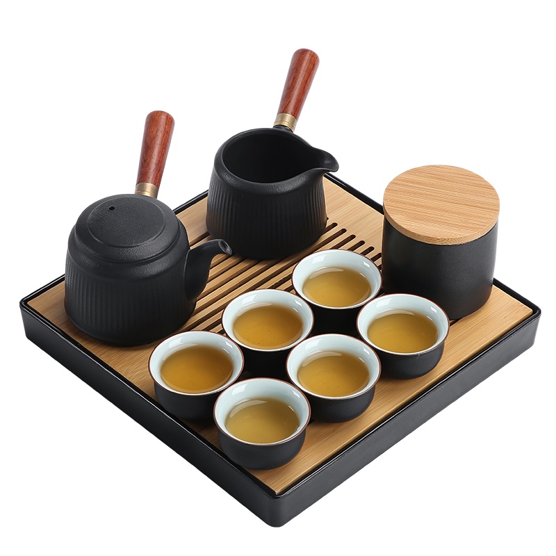 苏氏陶瓷(SUSHI CERAMICS)茶具套装 粗陶线条茶壶竹面储水式茶盘套组带礼盒