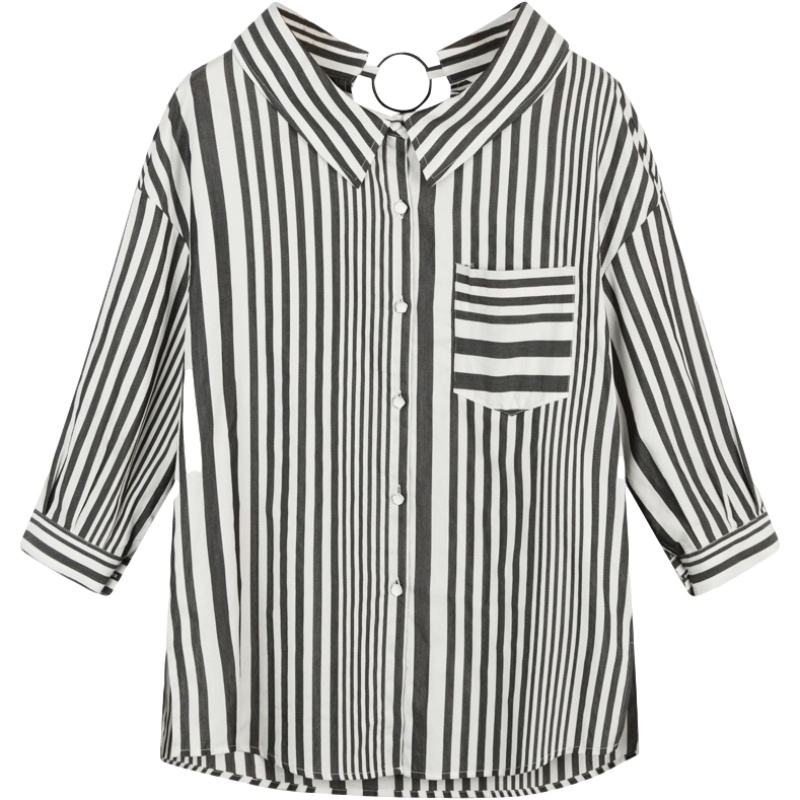 【专柜同款】Puella条纹撞色衬衫女夏新款韩范宽松显瘦中长款七分袖v领上衣潮20012060 条纹混色 S