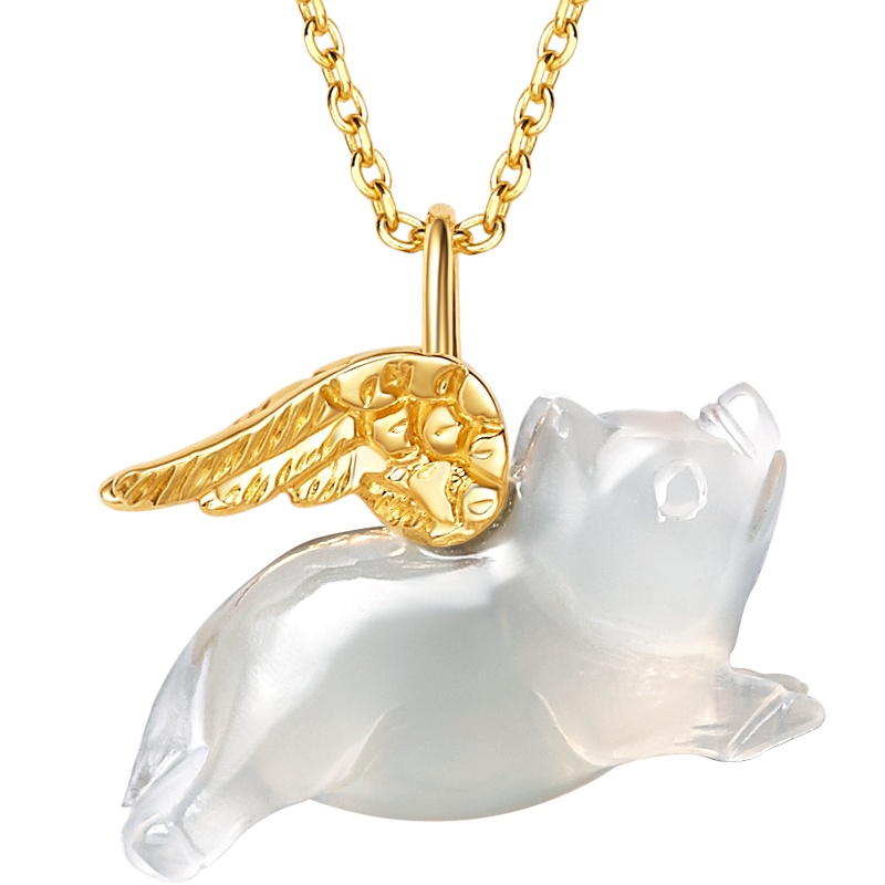 Fei Liu 14K金白玛瑙飞猪吊坠项链锁骨链手链一款两戴配镀金925银链