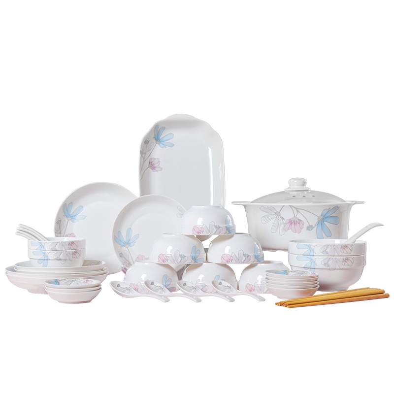 顺祥宁静夏夜43头陶瓷餐具 碗 碗碟套装带筷子厨房套件 餐具套装 苏宁自营