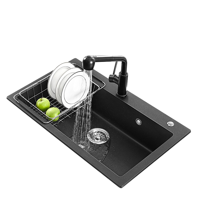 悍高厨房石英石水槽黑色大单槽洗菜池洗碗盆台上台下盆沥水篮套餐