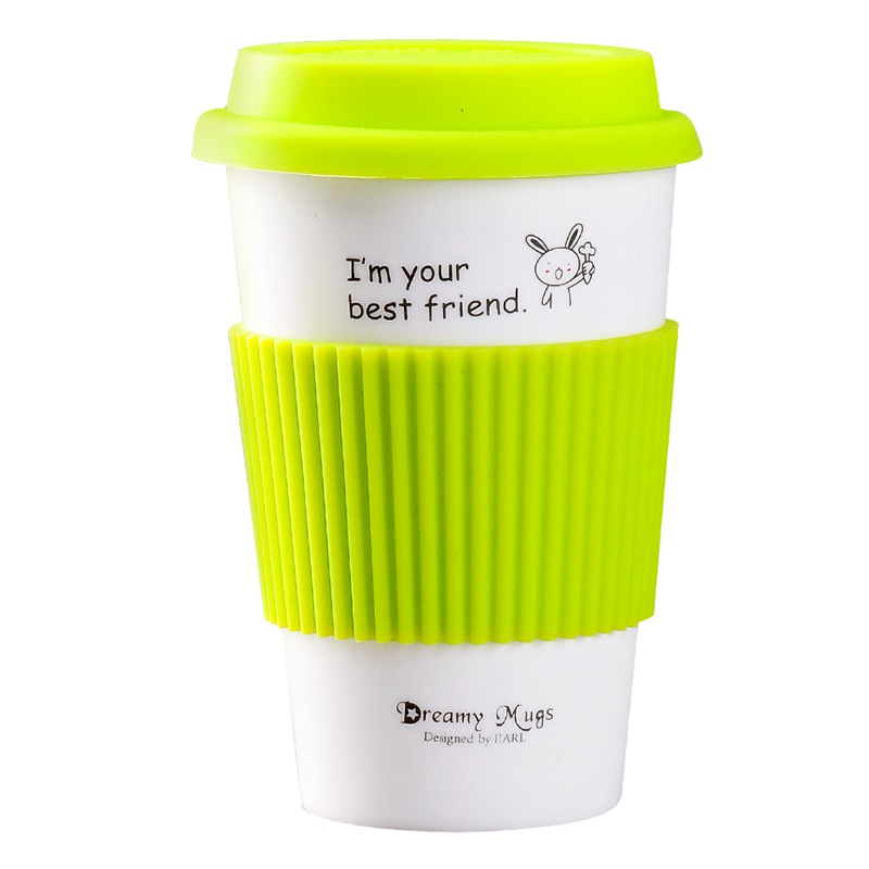 瓷魂 韩式创意时尚陶瓷情侣大容量牛奶咖啡马克杯带盖随手水杯 绿色兔子