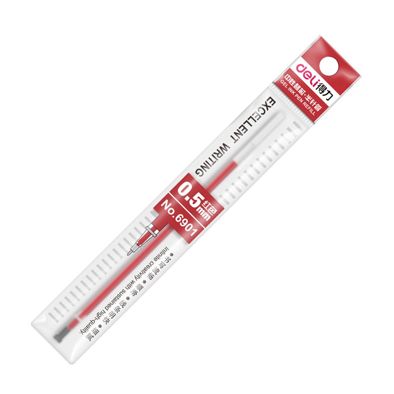 得力 6901 文具中性笔笔芯0.5mm半针管细碳素笔芯红色小学生用大容量20支/盒