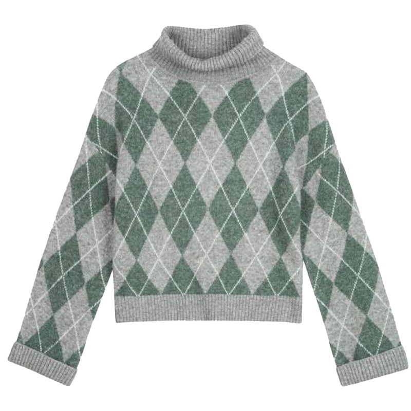 专柜同款高领短款毛衣针织衫女装2019冬季新款格子套头袖上衣百搭打底衫女30094572