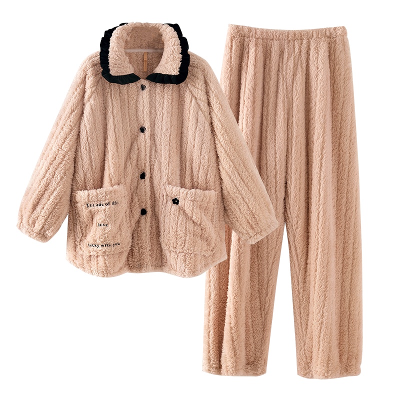 猫人法兰绒睡衣女士秋冬季翻领保暖开衫长袖长裤休闲家居服套装