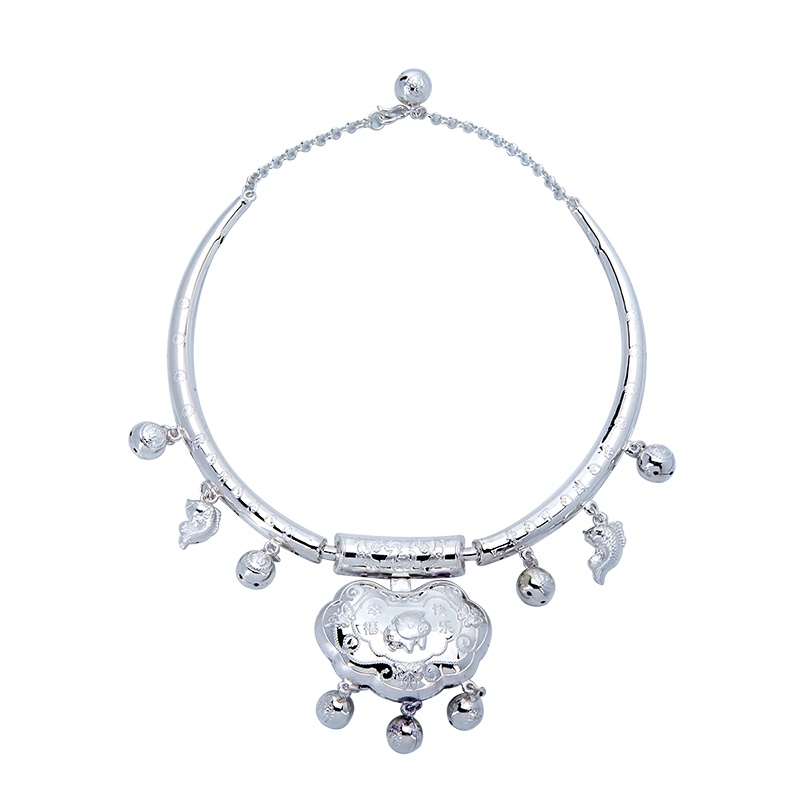 金一足银S990猪猪项圈儿童足银项链项圈送小孩送男女婴儿出生满月 BFH005 银色(定价)