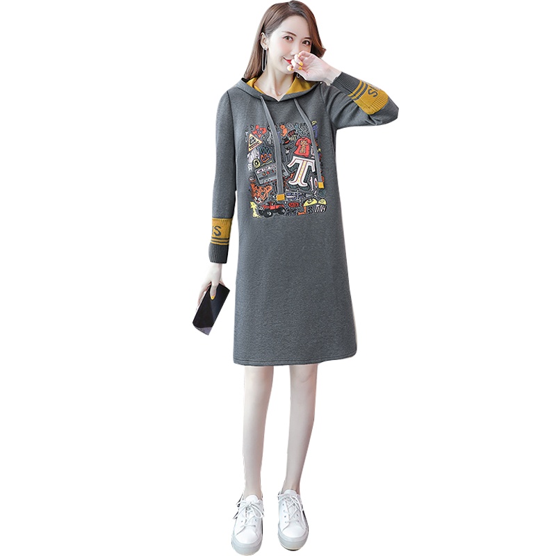 丝柏舍2020冬款女时尚连帽卫衣裙印花韩版宽松中长款连衣裙S03R4461L